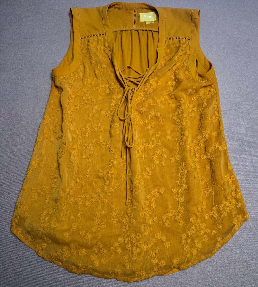 Maeve Anthropologie Gold Embroidered Lace-Up Sleeveless Tank Top